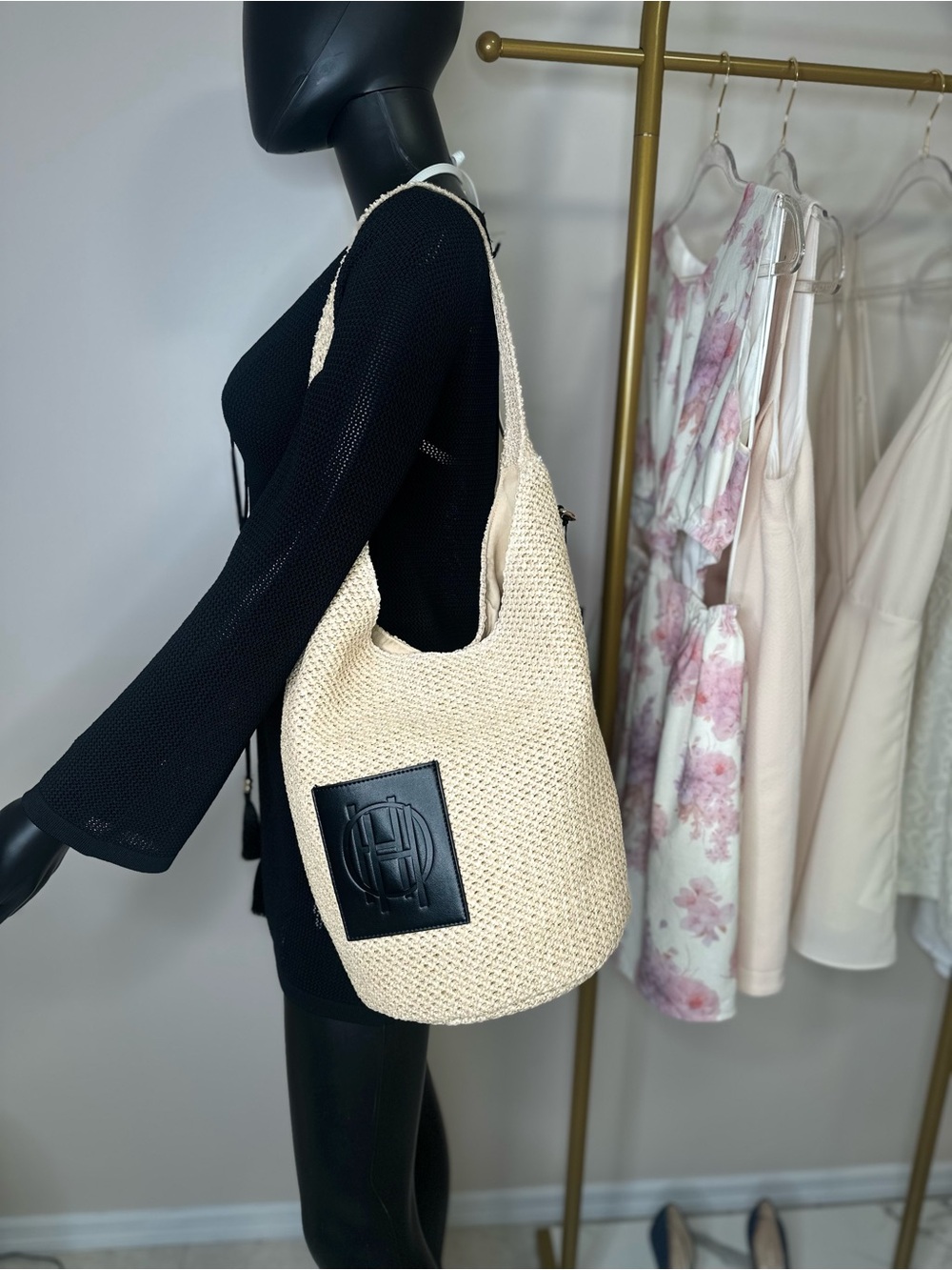 House of Harlow Straw Tote Bag Beige Boho Summer Beach Bag NWT - Picture 2 of 9